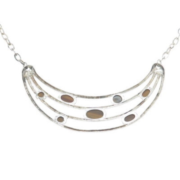 925 Sterling Silver Vintage Real Tiger Eye Modernist Crescent Chain Necklace 18"